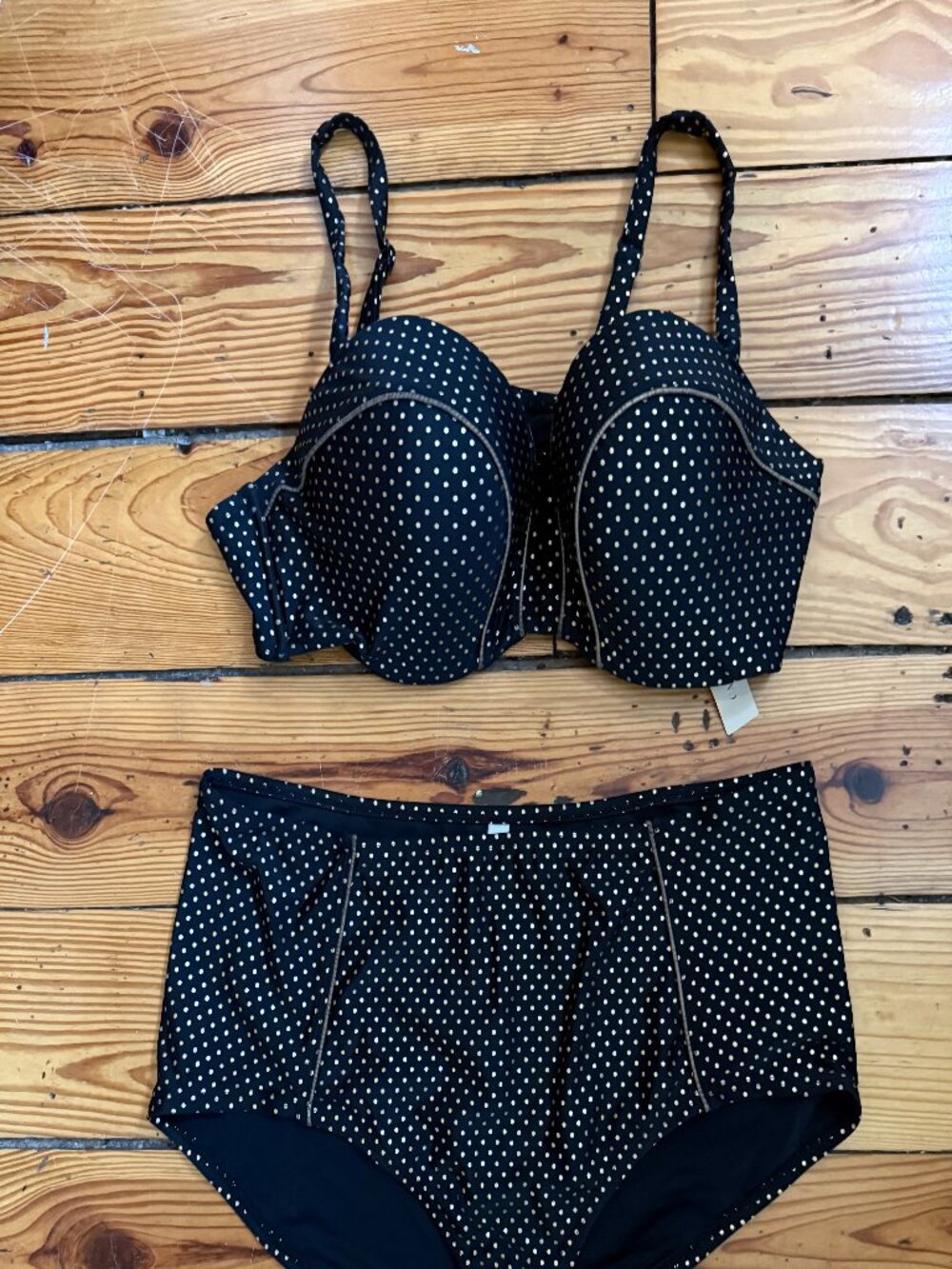 Swim by Cacique Black & Gold Polka Dot Bikini Set – 42DD Top / Sz 18 Bottom